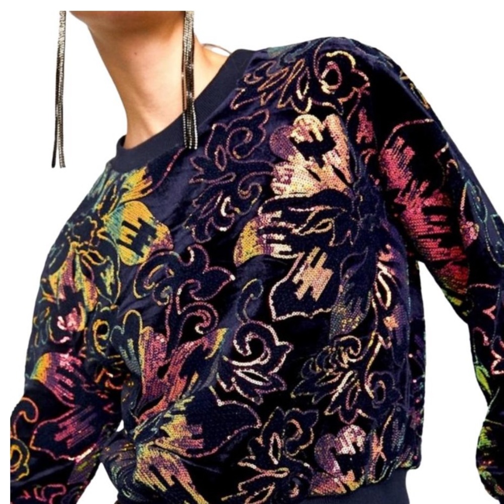 Zara Velvet Floral Sequin Gold Embroidered Sweatshirt Blue Sweater